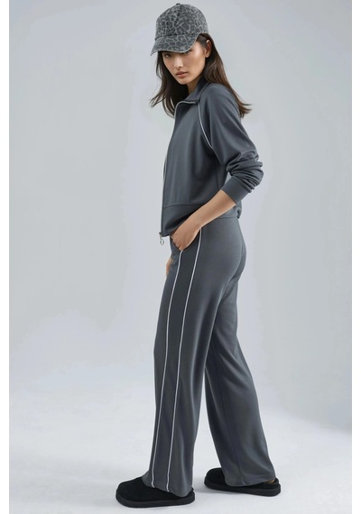 Fiolin Modal Dokulu Fermuarlı Sweatshirt & Pantolon İkili Takım Füme