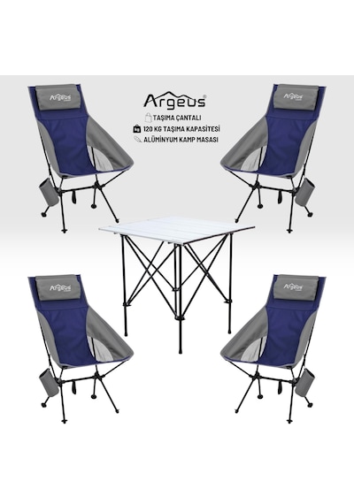 4 Adet Katlanır Kamp Sandalyesi Ve Alüminyum Masa Seti - Aero Silver - Mavi Çok Renkli