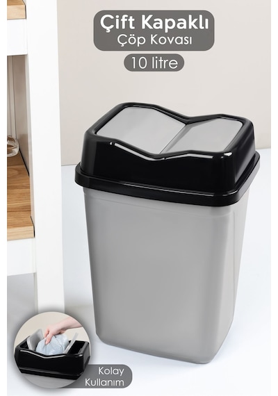 Çift Kapaklı Plastik Çöp Kovası - Ev Ofis Banyo Mutfak Çöp Kovası Gri 10 Litre Gri