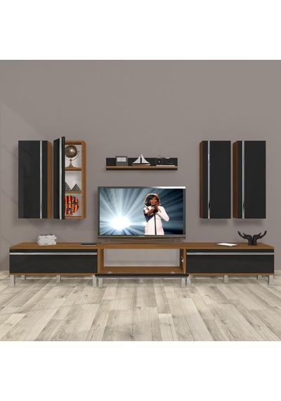 Decoraktiv Eko 8d Mdf Krom Ayaklı Tv Ünitesi Tv Sehpası Ceviz - Siyah