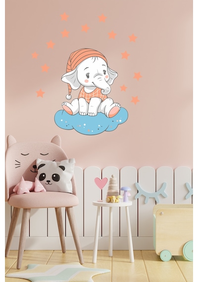 Bulutta Oturan Sevimli Fil ve Yıldızlar Çocuk Odası Duvar Sticker