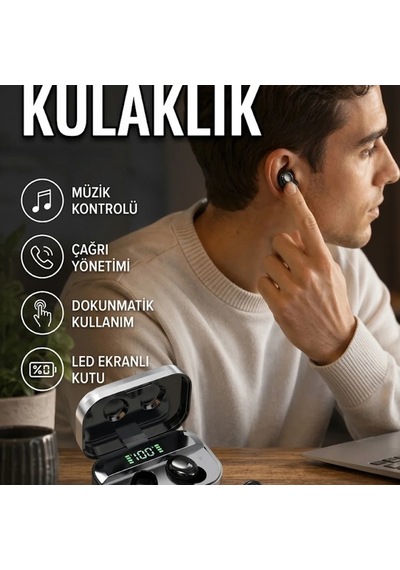Dokunmatik Kontrollü Led Ekranlı Kablosuz Kulak İçi Bluetooth Kulaklık 00