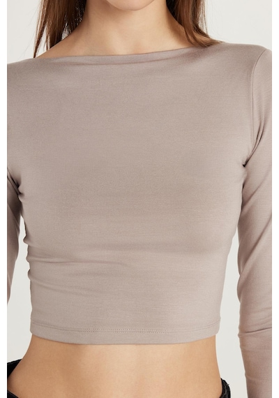 Tudors Kadın Slim Fit Dar Kesim Bisiklet Yaka Sırt Detaylı Vizon Bluz-33981 VİZON