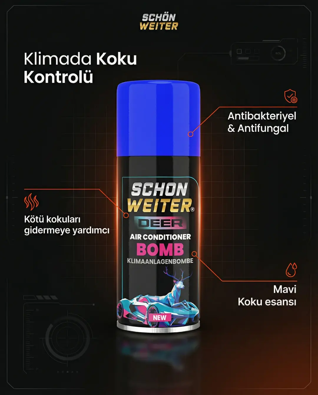 Premium Araç Oto Klima Dezenfektanı Ve Klima Bombası Mavi Aeorosol Sprey 150ml