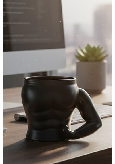 Kaslı Vücut Tasarımlı Seramik Kupa - Fitness Motivasyon Kupası Güçlü Kol Kulplu Mug Seramik Siyah