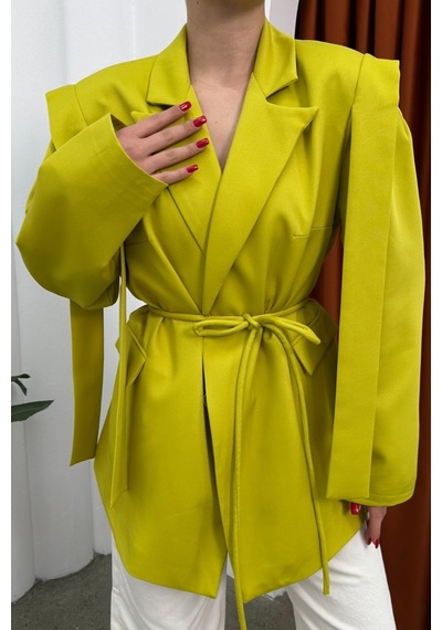 Msm Fashion Kadın Oversize Blazer Ceket Kuşaklı Omuz Detaylı Limon Yeşili Yeşil