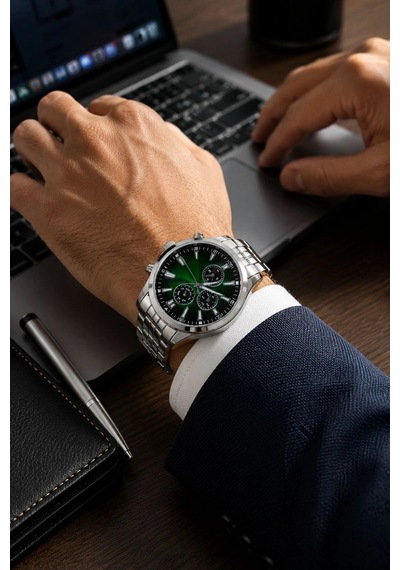 Erkek Gümüş Renk Metal Kordon Analog Kol Saati Takvim Göstergeli Yeşil Siyah Kadran - Gümüş Çok Renkli 61344954