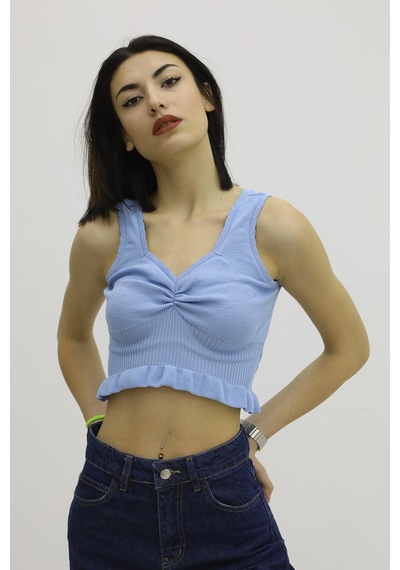 Modi Bel Lastikli Triko Bluz Mavi - P-019708 Açık Mavi