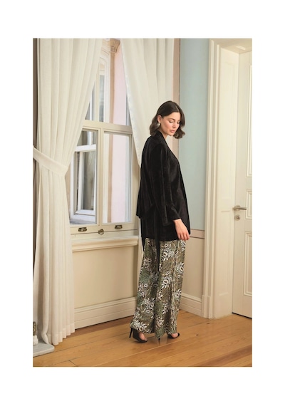 L'ombre Çiçek Yaprak Ve Etnik Desenli Dantelli 3lü Pijama Takımı Siyah