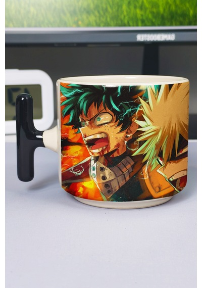 My Hero Academia Anime Baskılı Seramik Lüks Kupa 1 Adet T Şeklinde Özel Siyah Kulp Dalga Kulp V1t Çok Renkli