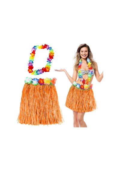 Techmrt Hawaii Luau Aloha Turuncu Püsküllü 40 Cm Etek Ve Hawaii Kolye Seti