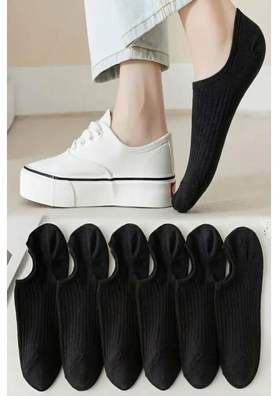 Ozzy Socks 6 Çift Kadın Siyah Şık Çizgili Rahat Sneaker Çorap Siyah