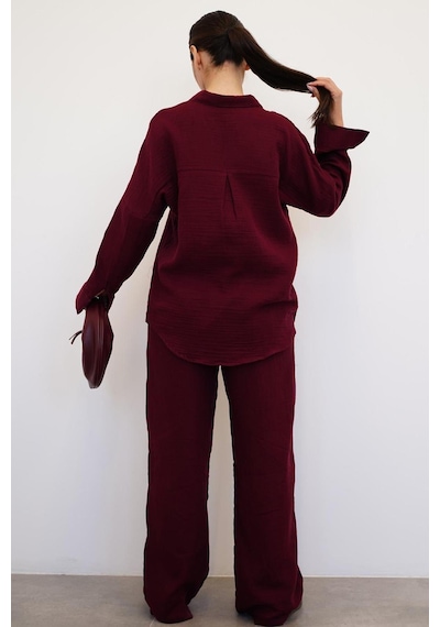 Madmext Bordo Basic Kadın Gömlek Pantolon Takım Mg2461 Bordo