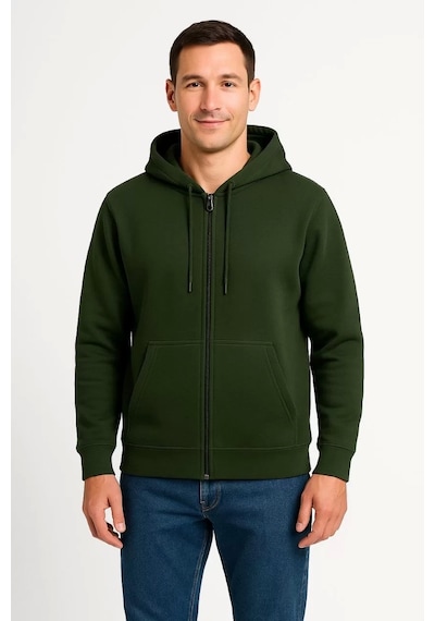 Cvs Giyim Erkek Üç İplik Kapüşonlu Tam Fermuarlı Kanguru Çepli Sweatshirt Hoodie - Haki Haki