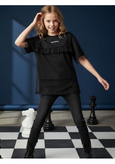 Zekids Kız Çocuk Tüllü Fırfır Detaylı Kısa Kollu Tasarım T-shirt-16549 Siyah