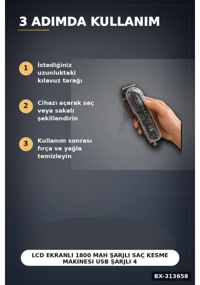 Lcd Ekranlı 1800 Mah Şarjlı Saç Kesme Makinesi Usb Şarjlı 4 Taraklı Tıraş Makinesi Seti Bx-313658