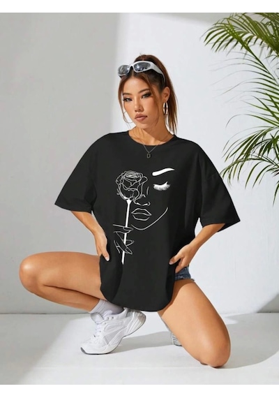 Modi Baskılı Oversize T-shirt - Siyah