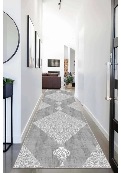 Pelangi Geometrik Karo Desenli Dijital Baskı Yıkanabilir Kaymaz Taban Modern Salon Halısı Ve Yolluk, Gri 60 X 200, 9 Çok Renkli