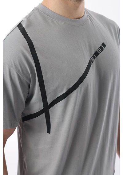 Madmext Boyalı Gri Bisiklet Yaka Şerit Detaylı Pamuklu Erkek T-shirt E7033 Gri