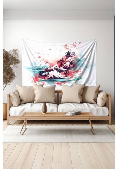 Japon Dağı Desenli Duvar Halısı Duvar Örtüsü Tapestry Süet Dokulu Kumaş