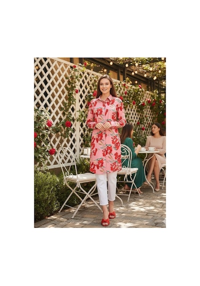 Polologin Butik Çiçek Desenli Uzun Gömlek Tunik - Pembe/kırmızı Pembe