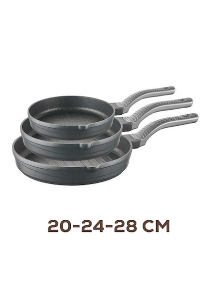 Oms 3738 Biogranit Döküm Grill Ergonomik Saplı 3 Parça Tava Seti Gri 20-24-28cm Gri