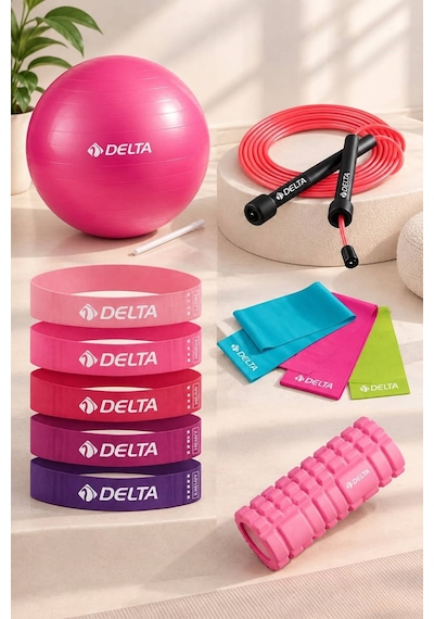 Pilates Egzersiz Seti Foam Roller Masaj Rulosu, Lateks Direnç Bandı,20 Cm Pilates Top, Atlama İpi Pembe - Kırmızı