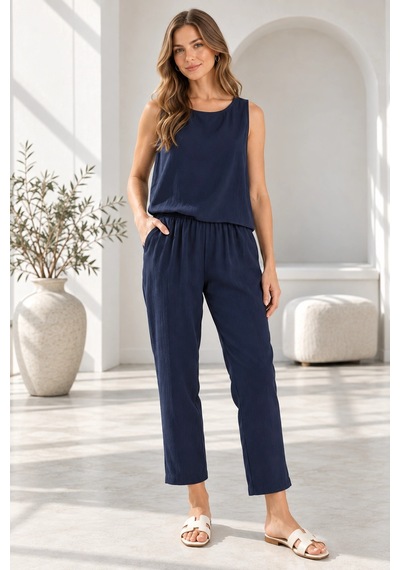 Mevese Beli Lastikli Modal Pantolon & Kalın Askılı Bluz Takımı - Lacivert