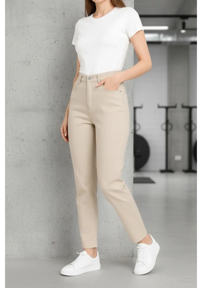Layal My Beauty Jeannine Kadın Jeans Yüksek Bel Mom Boyfriend Dar Paça Denim Kot Pantolon Krem
