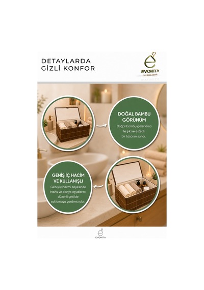 Evonita Kapaklı Bambu Görünümlü Saklama Kutusu Büyük Boy Düzenleyici Organizer Sepet Banyo Dolap Raf Düzeni Renkli