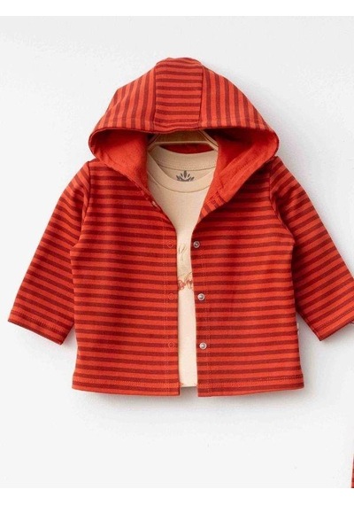 Zekids 3 Lü Organik Çizgili Kapüşonlu Bebek Eşofman Takımı-16165 Kırmızı