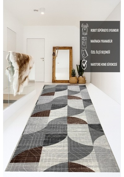 Kaymaz Taban Gri Kahve Modern Geometrik Yıkanabilir Salon Mutfak Koridor Yolluk Halı Gri-kahve