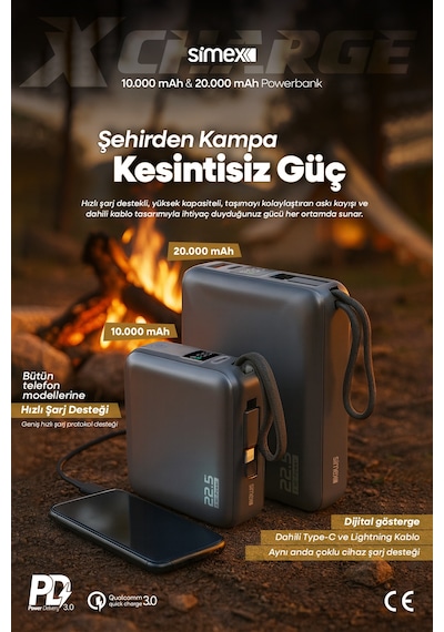 Simex 20.000 Mah 22.5w Hızlı Şarj Pd Powerbank Kendinden Kablolu Ve Dijital Göstergeli Taşınabilir Cihazı Standart