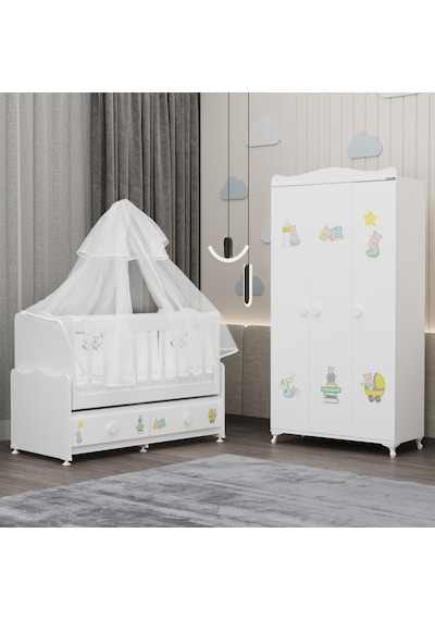 Elegant Beşik Ve Yıldız 3 Kapaklı Dolap Yatak Uykuseti - Ayıcık Beyaz