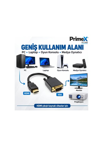 Primex Px-1440 1.8 Metre Hdmı To Vga Görüntü Kablosu, Hdmı Çıkıştan Vga Monitör Projeksiyona Dö Belirtilmemiş