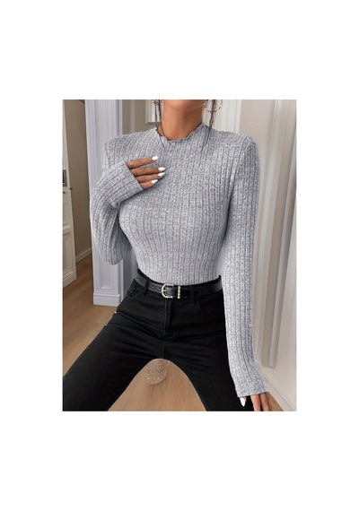 Moda Kadın Dik Yaka Uzun Kollu Esnek Yumuşak Dokulu Body Gri Gri