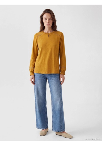 LC Waikiki Lcw Grace Sarı Fırfırlı Bisiklet Yaka Nakışlı Bluz Dark Yellow