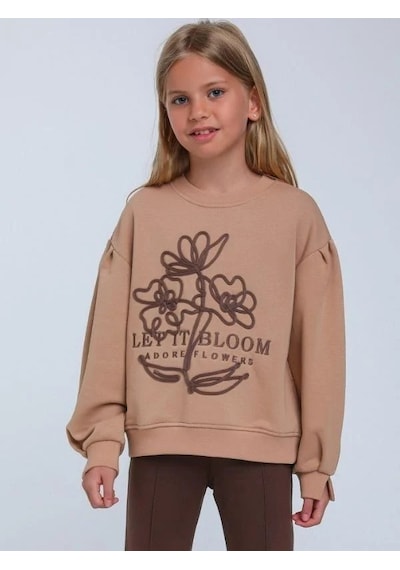 Kız Çocuk Çiçek Nakışlı Sweatshirt-14248 Kahverengi