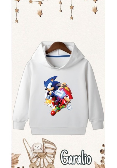 Startmore Sonic Baskılı Kapüşonlu Çocuk Sweatshirt BEYAZ