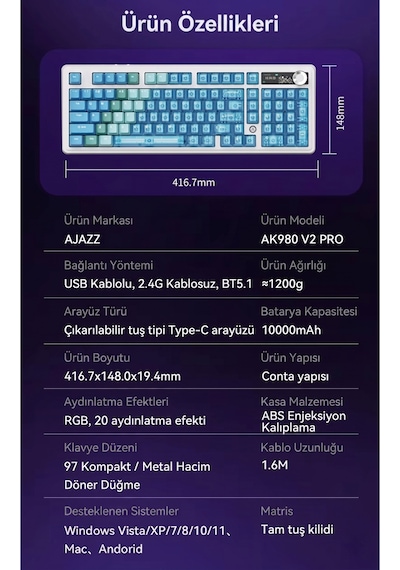 Ak980v2 Pro 8000 Hz Kablosuz Mekanik Oyun Klavyesi-tft Ekranlı-rapid Trigger