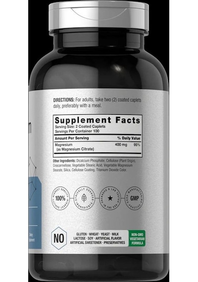 Magnesium Citrate 400mg 200 Caplets Vegetarian, Non-gmo, And Gluten Free Supplement