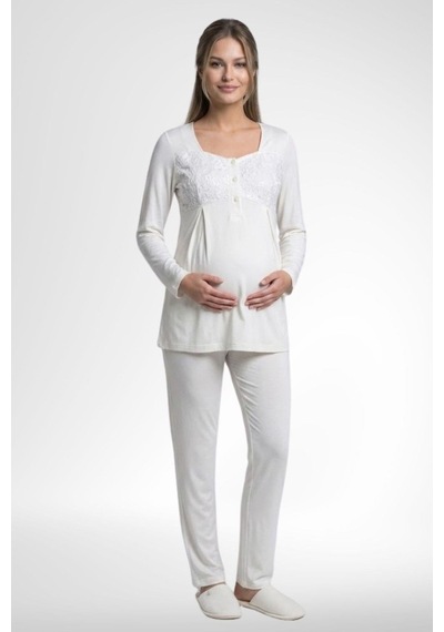 Mecit Pijama Mecit 6402 Kadın Elegant Ekru Dantel Pelerin Lohusa Pijama Takımı