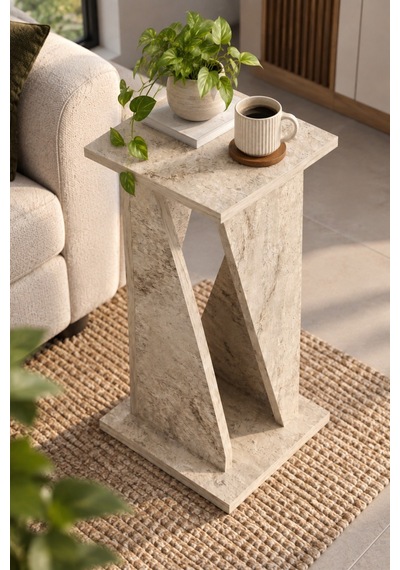 Sulorahome Modern Mermer Desenli Yan Sehpa 30x30x60 Cm