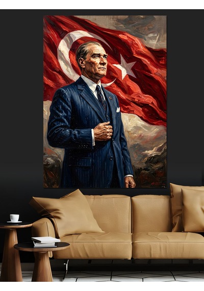 Türk Bayrağı Önünde Asil Atatürk Dekoratif Kanvas - Mdf Ahşap Tablo