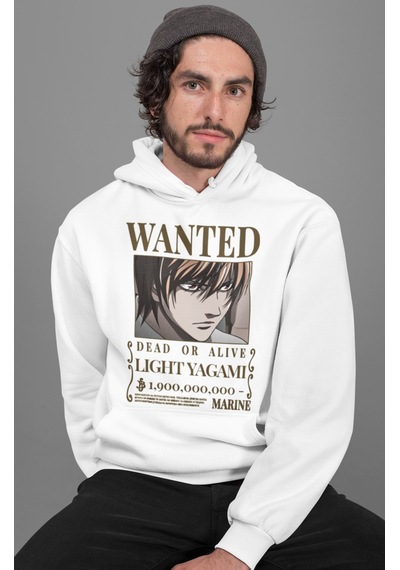Sevbano Wanted Light Yagami Baskılı Unisex Oversize Anime Hoodie beyaz