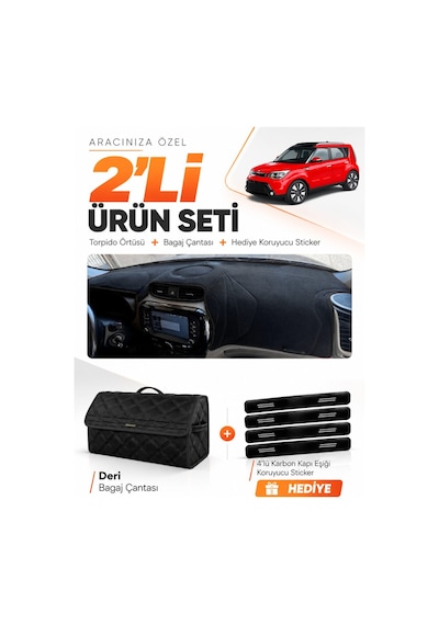 E-biz Kia Soul 2014-2019 Uyumlu Torpido Örtüsü + Deri Bagaj Çantası Seti - Siyah - Kı021