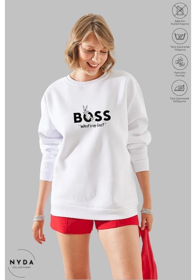 Unisex Bugs Bunny Baskılı Bisiklet Yaka Kapüşonsuz Şardonlu Oversize %100 Pamuk Penye Sweatshirt Beyaz