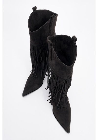Luvishoes Luvi Shoes Gueras Siyah Süet Püsküllü Sivri Burun Kadın Topuklu Çizme Sıyah Suet