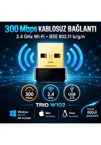 Trıo W102 300 Mbps Usb Wifi Adaptör, Realtek Rtl8188ftv 2.4 Ghz Kablosuz Ağ Adaptörü, 802.11 B/g/n Wifi Dongle, Windows 10/11 Tak Çalıştır