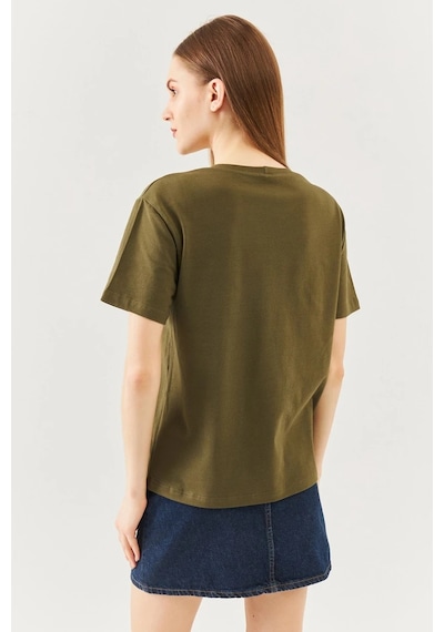 Kadın Rahat %100 Pamuklu Penye Bisiklet Yaka Kısa Kol Basic T-shirt Haki